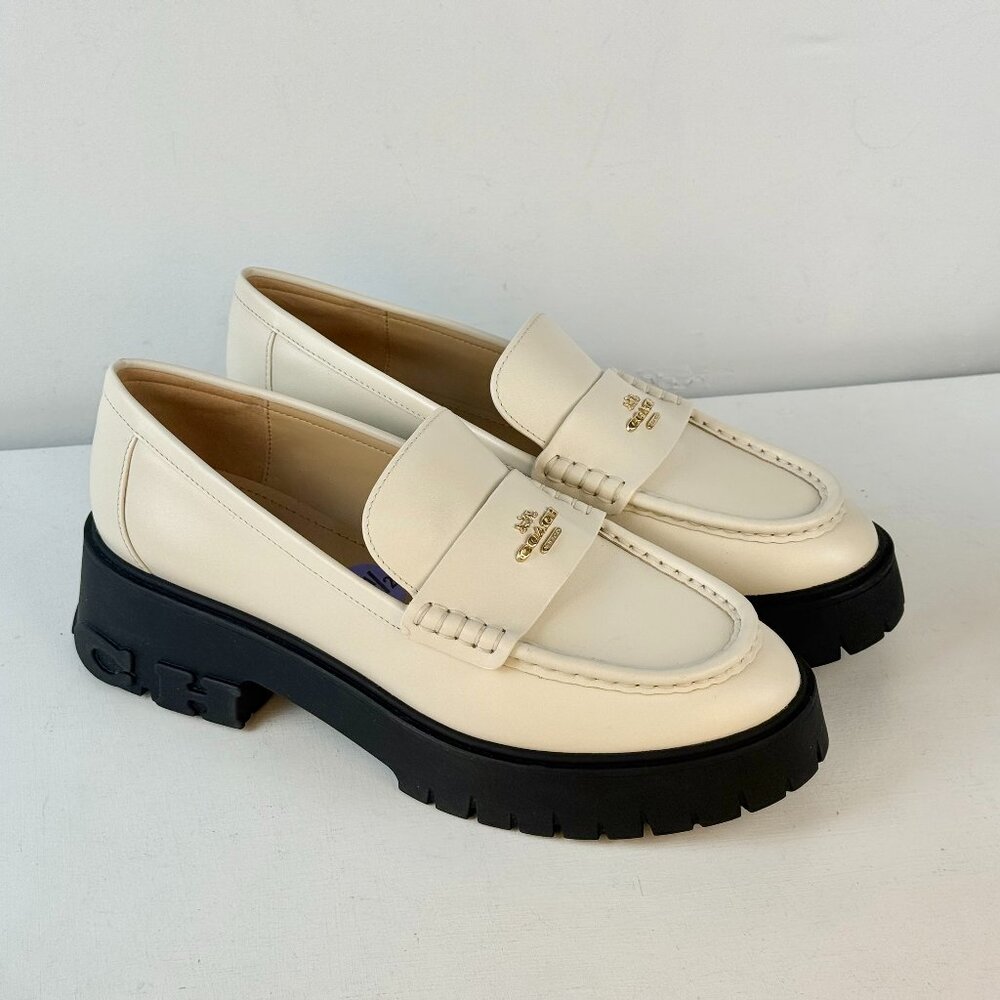Women's 8.5 -COACH Ruthie Platform Loafer Chalk Leather Slip on with Logo Accent